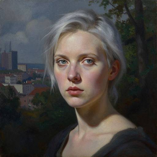 Realistic digital painting of a pale-skinned, blue-eyed, white-haired woman with delicate features, gazing forward, against a dark cityscape background