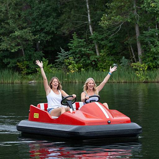 Photograph of two smiling women, one with brown hair and the other blonde, riding a red inflatable speedboat on a calm forest lake, both waving