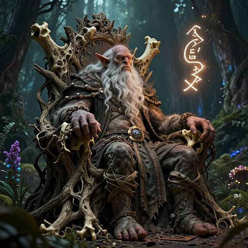 Digital fantasy artwork of a white-bearded, elven-like creature with large feet, seated on a bone-throne in a mystical forest, glowing runes