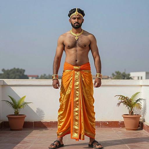 Muscular Indian Man in Traditional Dhoti and Gold Jewelry