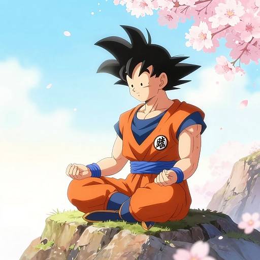 Digital anime-style drawing of Super Saiyan Son Goku sitting cross-legged on a grassy rock, wearing orange gi, blue sash, and wristbands