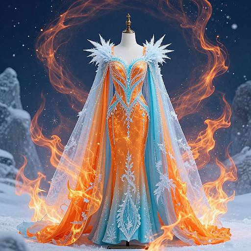 Photorealistic CGI of an orange and blue ice-themed ball gown with snowflake lace, fire flames, and snow-covered mountain background.