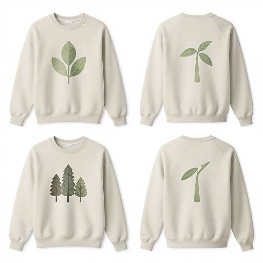 Photograph of four white long-sleeve sweaters, each featuring a different green leaf or plant graphic on the chest. Sweaters are displayed from