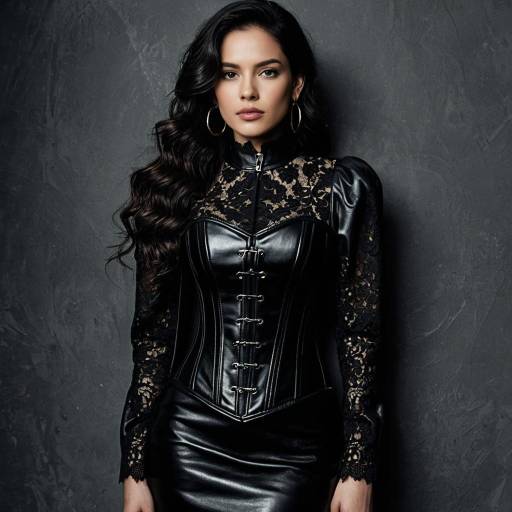 Elegant Woman in Black Leather and Lace Dress