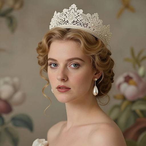 Photograph of a fair-skinned, blue-eyed woman with wavy blonde hair, wearing an intricate white lace tiara and teardrop earrings,