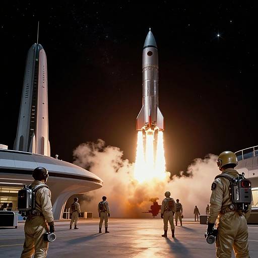Photograph of a rocket launch at night, with bright flames and smoke, surrounded by astronauts in beige suits, and two spacecraft on either side.