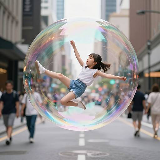 Photograph of an Asian girl with black hair, white t-shirt, and denim shorts, mid-jump, creating a large, colorful bubble in a