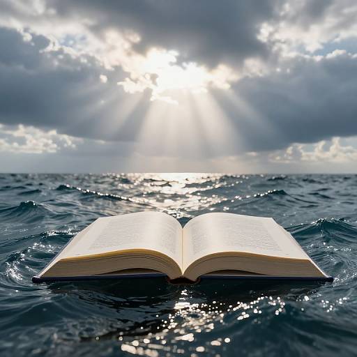 Photograph of an open book floating on dark, sunlit ocean waves under a cloudy sky with sun rays breaking through.