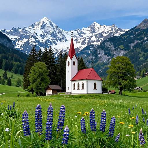 Quaint Church in Lush Meadow Landscape