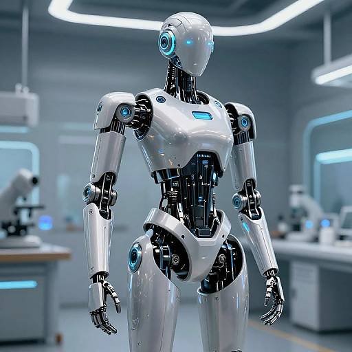 Photorealistic CGI of a sleek, silver humanoid robot with glowing blue accents standing in a modern, futuristic lab with scientific equipment.