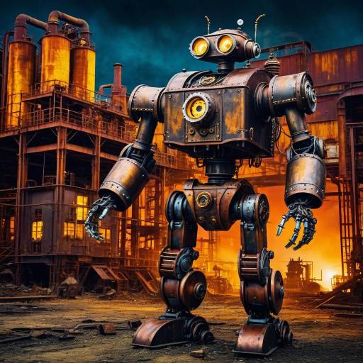 Steampunk Robot in Industrial Nightscape Steampunk Robot in Industrial Nightscape