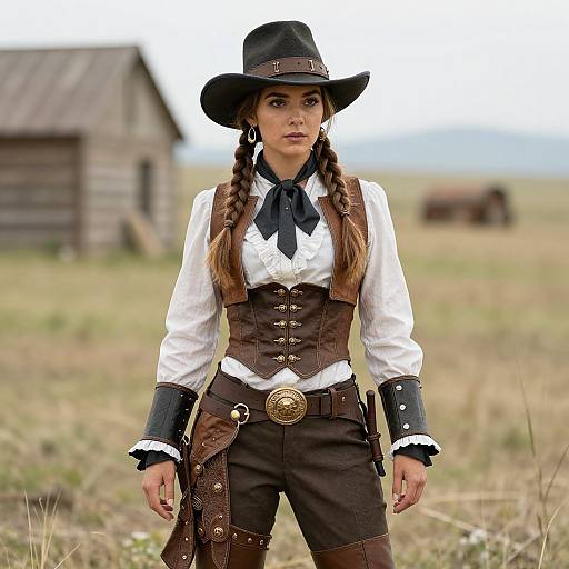 Photograph of a young woman in a Western-style outfit, featuring a black hat, white blouse, brown corset, and black pants, standing in