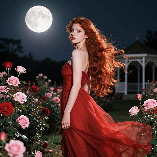 Photograph of a red-haired woman in a flowing red dress, surrounded by roses, under a full moon, in a night garden.
