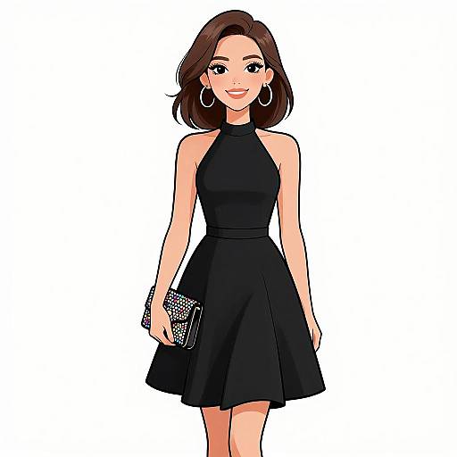 Digital illustration of a smiling, fair-skinned woman with brown hair, wearing a black halter-neck dress, holding a sparkly clutch, and large