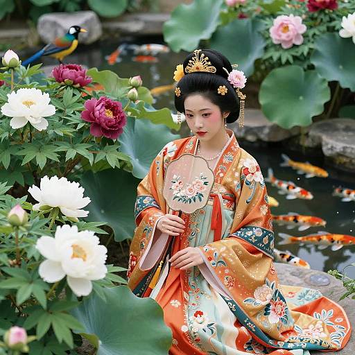 Photograph of a beautiful Japanese geisha in an ornate orange kimono with floral patterns, standing by a pond with koi fish, surrounded by