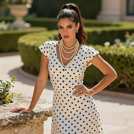 Woman in Polka Dot Dress with Pearl Necklaces in Garden