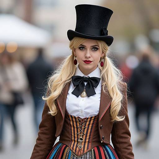 Photograph of a blonde woman in Victorian-style outfit with top hat, red earrings, white shirt, brown jacket, striped corset, and colorful skirt