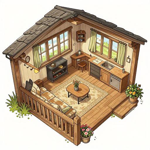 Isometric digital illustration of a cozy, wooden cabin living room with a fireplace, couch, round table, potted plants, and large windows.