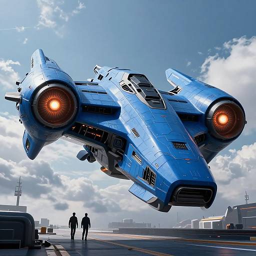 CGI image of a futuristic, blue, twin-engine spaceship hovering above a runway, with two silhouetted figures walking below, under a cloudy