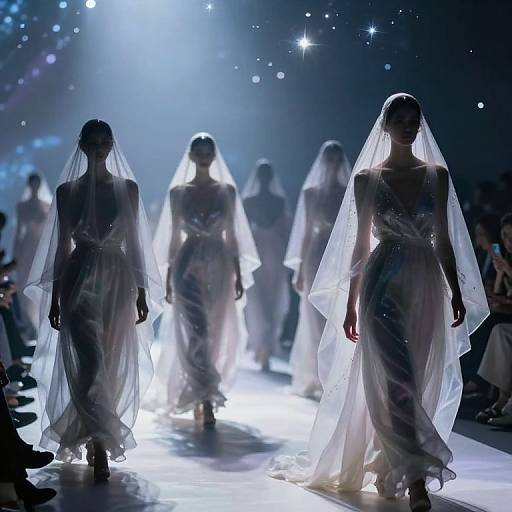 Photograph of a dimly lit runway show featuring silhouetted female models in flowing, white, veil-adorned dresses, illuminated by bright