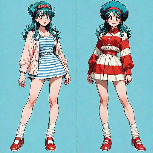 Anime-style digital illustration of a blue-haired girl in two outfits: left in blue-striped dress with pink jacket, right in red-striped dress with red jacket