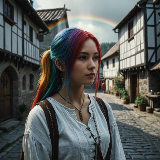 Rainbow Haired Woman in Medieval Village