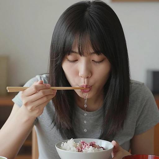 Asian Woman Drinking with Chopsticks