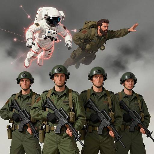 Soldiers and Astronaut in Dramatic Scene