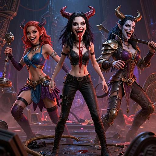 Digital CGI artwork of three fierce, horned demon women in dark, revealing armor, blood dripping from the central figure's mouth, in a dim,