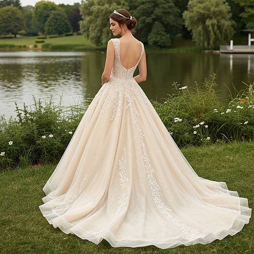 Photograph of a woman in a white, backless lace wedding gown with a long, flowing train, standing by a serene lake surrounded by greenery