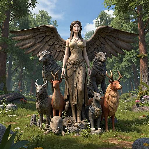 Digital fantasy artwork: Angelic woman with large black wings, in textured, golden dress, stands in forest with mythical creatures, including griffins and