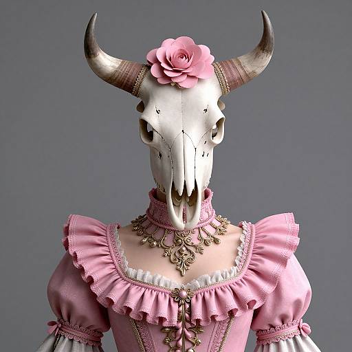 Digital artwork of a female figure with a white skull head adorned with pink roses and horns, wearing a frilled pink Victorian dress with gold jewelry.