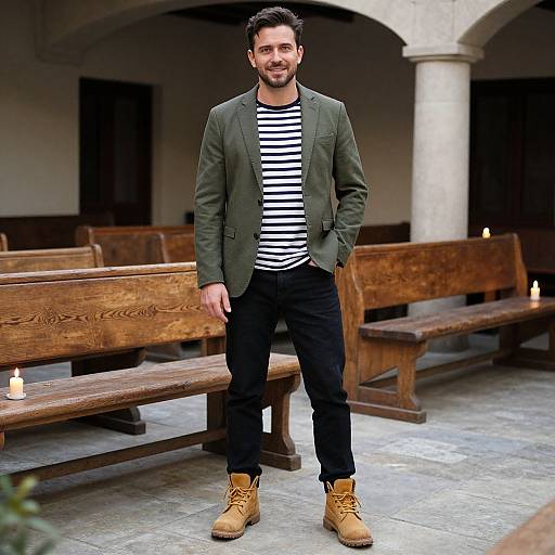 Photograph of a bearded man with dark hair, wearing a green blazer, striped shirt, black pants, and tan boots, standing in a