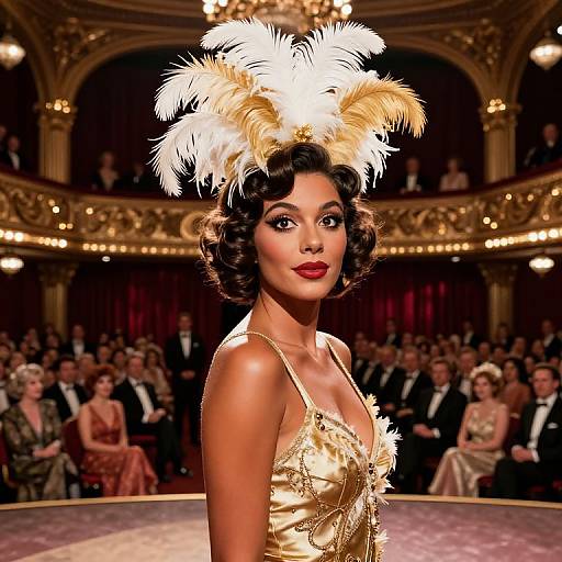 Photograph of a glamorous woman with dark curly hair, red lipstick, gold feathered headpiece, and gold sequin dress, on a luxurious stage