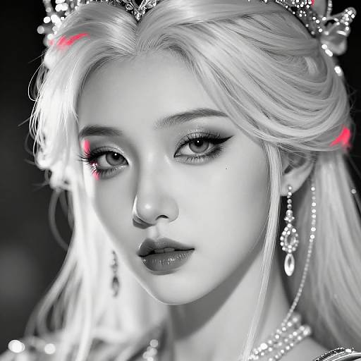 Black-and-white digital portrait of a beautiful, fair-skinned woman with long, blonde hair, adorned with sparkling jewelry and red highlights.
