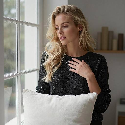 Blonde Woman by Window with Pillow
