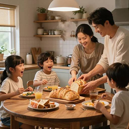Photograph of a joyful Asian family of four, including a mother, father, and two children, sharing a meal at a wooden kitchen table with bread