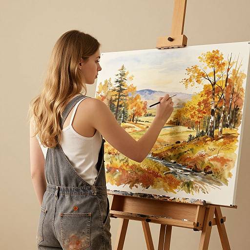 Young woman with long blonde hair, wearing denim overalls and white tank top, paints autumn landscape on canvas easel in studio.