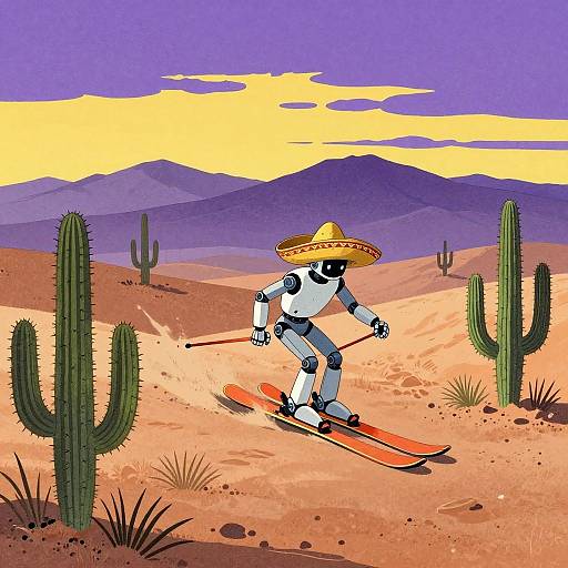Digital illustration of a robotic figure skiing in a desert with cacti, wearing a Mexican sombrero, against a purple and yellow sky.