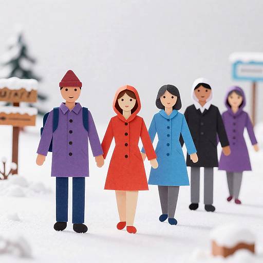 Paper-Cut Figures Walking in Snowy Landscape