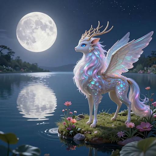 Digital fantasy artwork of a glowing, winged, deer-like creature with antlers, blue eyes, and iridescent fur standing on a flower-covered