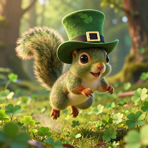 Dreamy Leprechaun Squirrel in Shamrock Field