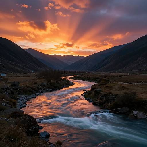 Photograph of a dramatic sunset over a mountain valley, with a flowing river reflecting vibrant orange and pink sky, silhouetted mountains on either side
