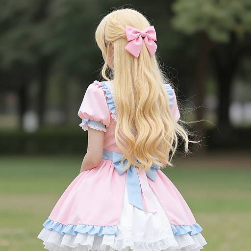 CGI image of a blonde girl with long, wavy hair, wearing a pink and white frilled dress with blue ribbon, standing in a green