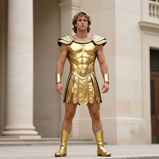 Photorealistic CGI of a muscular young man with curly brown hair, wearing a golden Roman gladiator outfit and standing confidently in front of a classical building