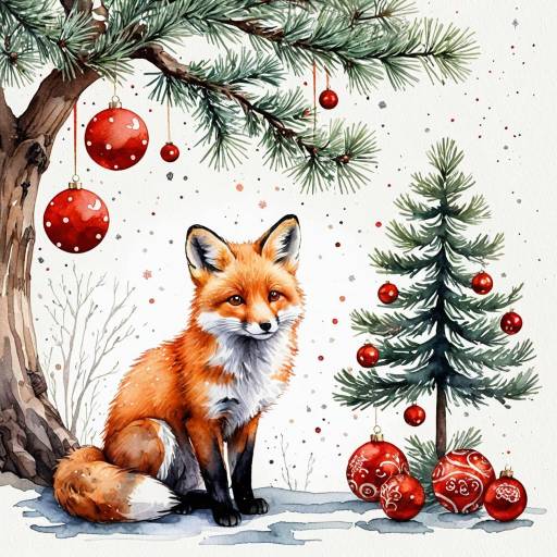 Watercolor Fox with Christmas Decorations
