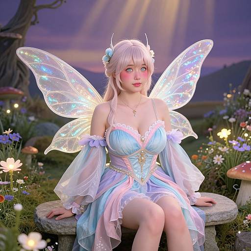 Digital artwork of a fair-skinned, pink-haired fairy with glowing wings, wearing a blue, off-shoulder dress, sitting in a magical garden