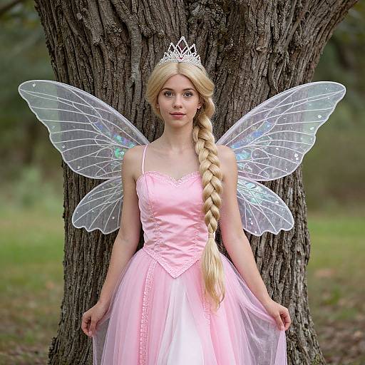 Photograph of a blonde girl with a long braid, wearing a pink dress, fairy wings, and a white tiara, standing against a tree