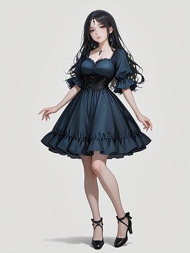 Elegant Woman in Black Ruffle Dress
