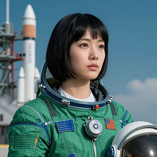 Digital CGI image of an Asian woman with short black hair in a green astronaut suit, holding a helmet, with a rocket launchpad and clear blue sky